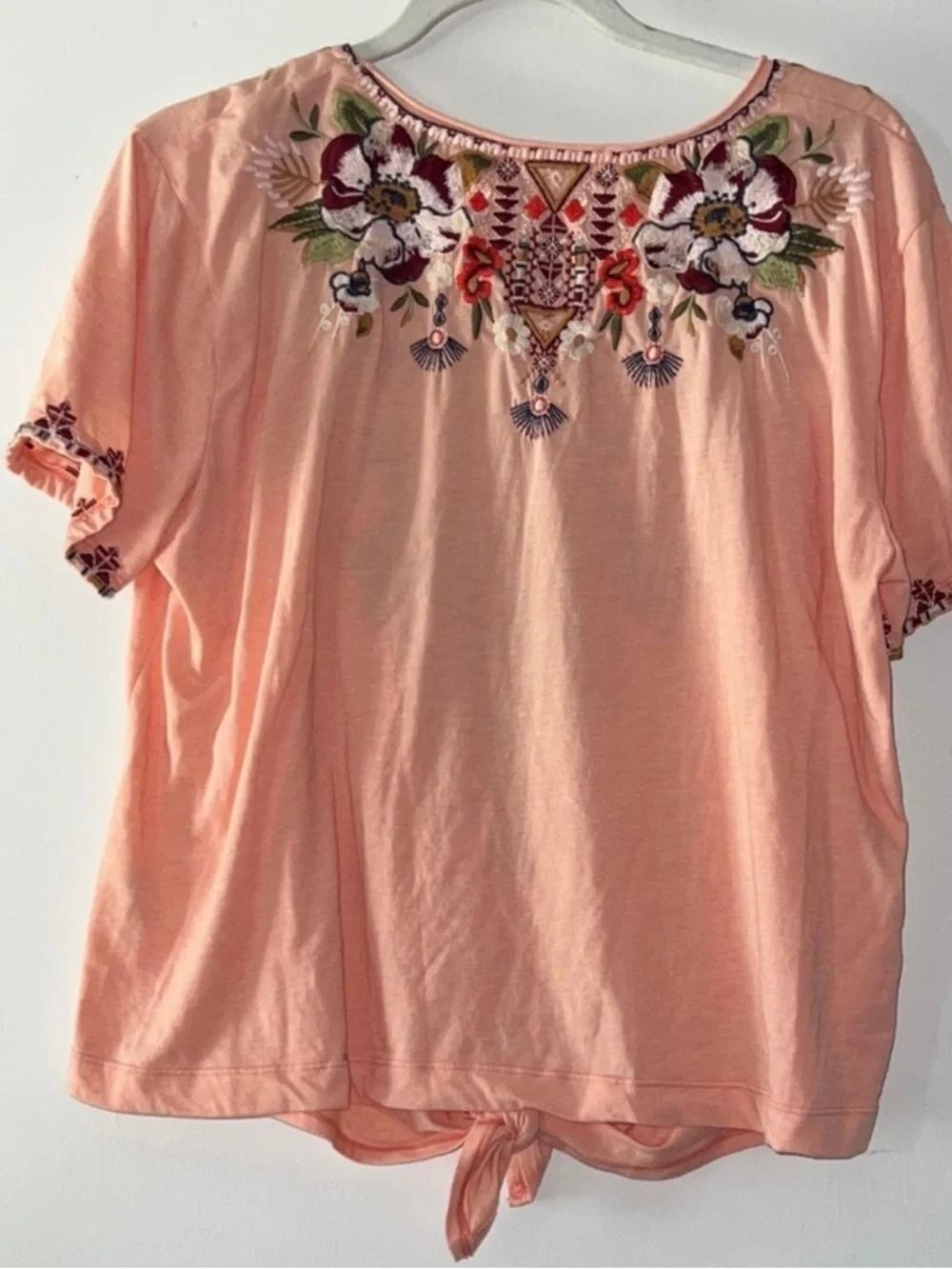 Johnny Was Peach Embroidered Knot-Front Short Sleeve Top - Picture 4 of 5